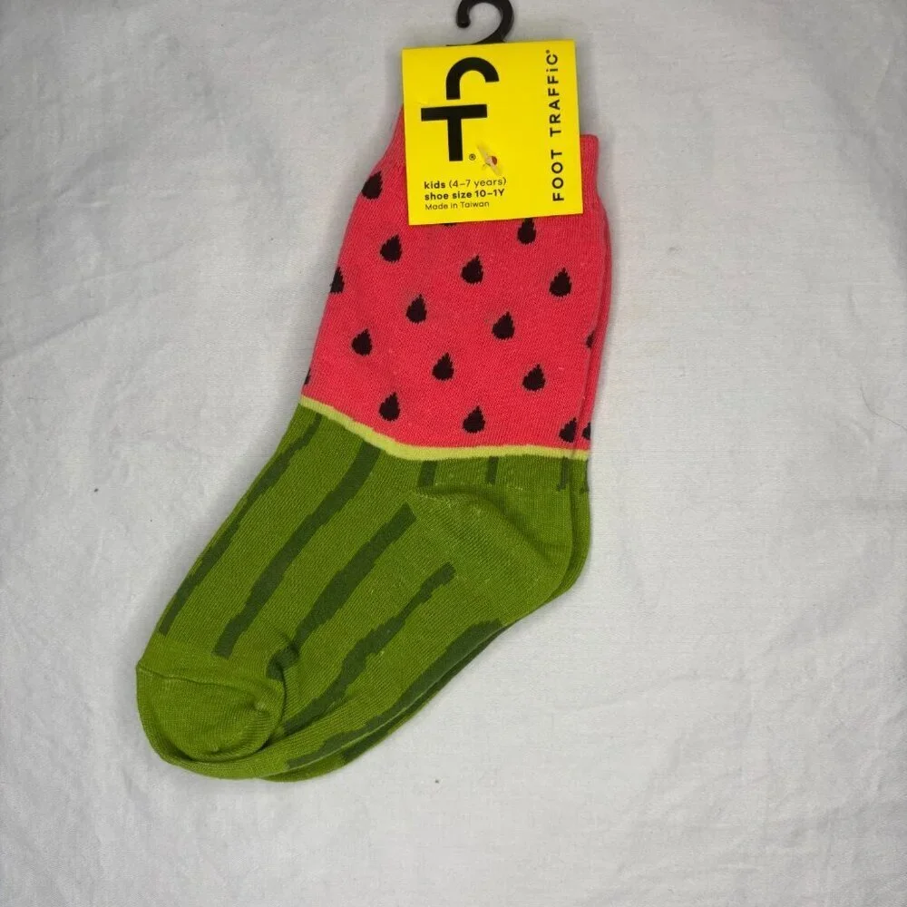 FOOT TRAFFIC NEW Watermelon Sock Girls 4-7 Years Pink Green Seeds Summer Stretch
